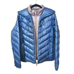 NWT Kenneth Cole Blue Gray Bib Front Zip Hooded Puffer Jacket Petrol L